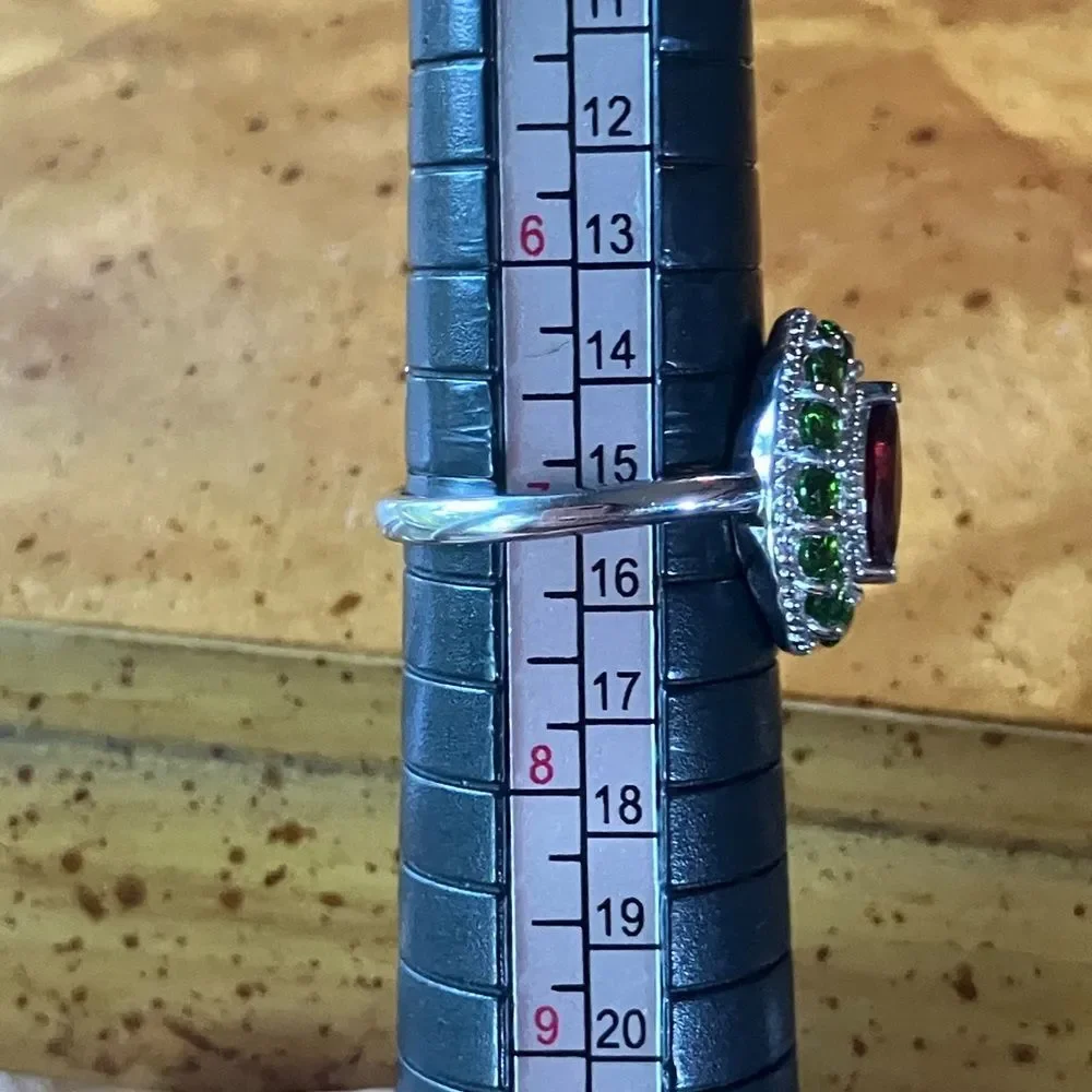 Natural Red Garnet Chrome Diopside Sterling Silver Halo Ring Size 7